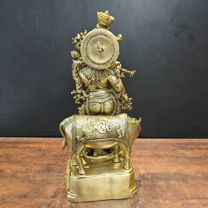 Brassaura® Lord Krishna with Cow Brass Statue | Divine Love & Eternal Harmony | Height 28 Inches & Weight 35 Kgs