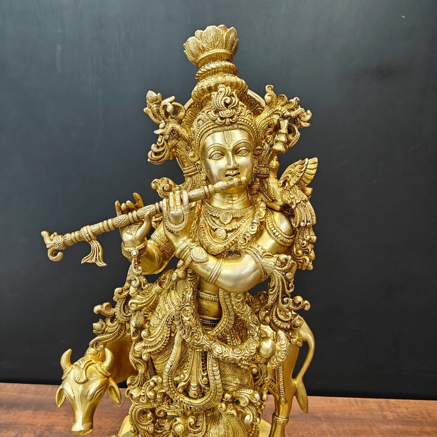 Brassaura® Lord Krishna with Cow Brass Statue | Divine Love & Eternal Harmony | Height 28 Inches & Weight 35 Kgs