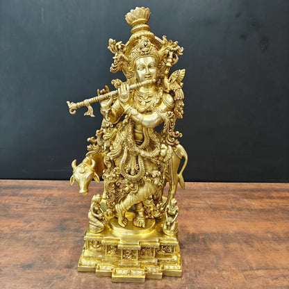 Brassaura® Lord Krishna with Cow Brass Statue | Divine Love & Eternal Harmony | Height 28 Inches & Weight 35 Kgs