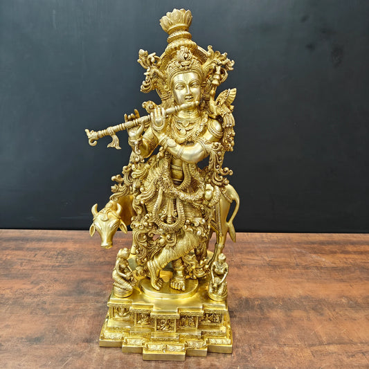 Brassaura® Lord Krishna with Cow Brass Statue | Divine Love & Eternal Harmony | Height 28 Inches & Weight 35 Kgs