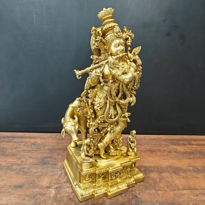 Brassaura® Lord Krishna with Cow Brass Statue | Divine Love & Eternal Harmony | Height 28 Inches & Weight 35 Kgs
