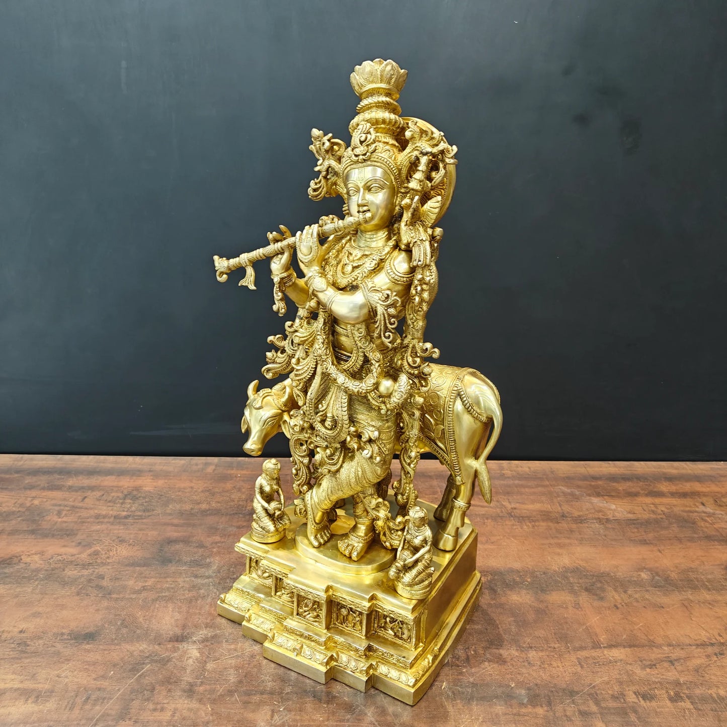 Brassaura® Lord Krishna with Cow Brass Statue | Divine Love & Eternal Harmony | Height 28 Inches & Weight 35 Kgs