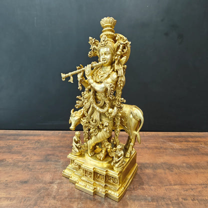 Brassaura® Lord Krishna with Cow Brass Statue | Divine Love & Eternal Harmony | Height 28 Inches & Weight 35 Kgs