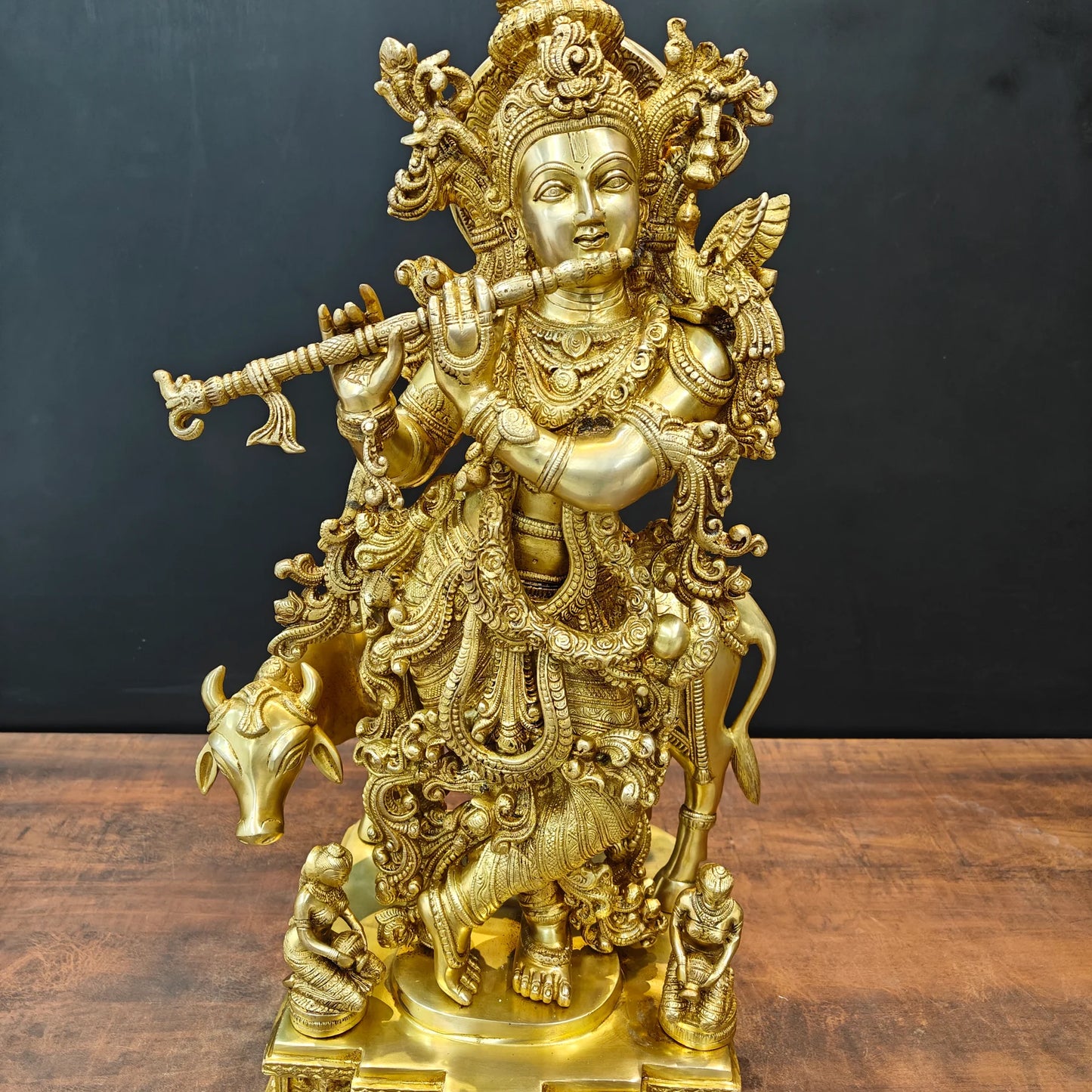 Brassaura® Lord Krishna with Cow Brass Statue | Divine Love & Eternal Harmony | Height 28 Inches & Weight 35 Kgs