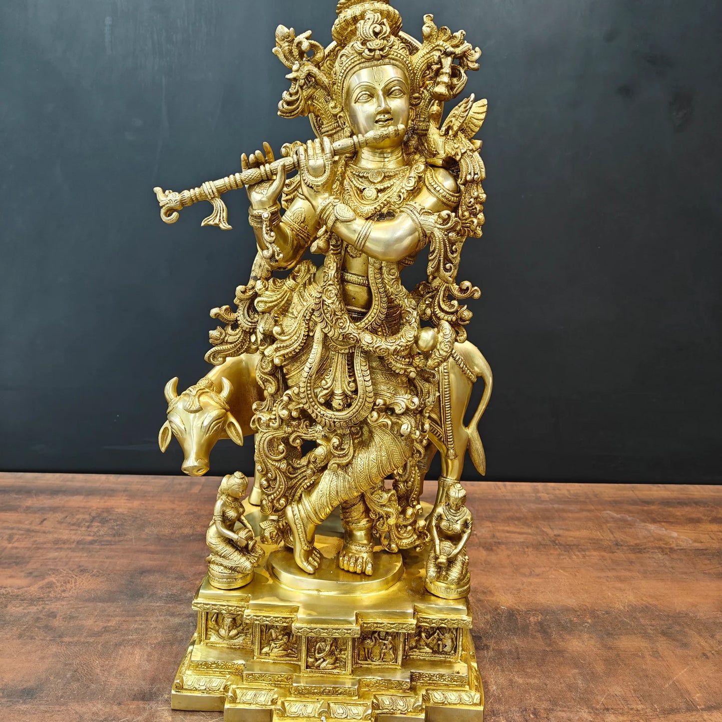 Brassaura® Lord Krishna with Cow Brass Statue | Divine Love & Eternal Harmony | Height 28 Inches & Weight 35 Kgs