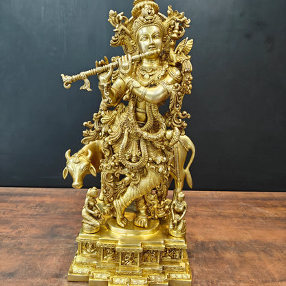 Brassaura® Lord Krishna with Cow Brass Statue | Divine Love & Eternal Harmony | Height 28 Inches & Weight 35 Kgs