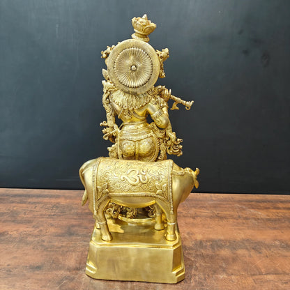 Brassaura® Lord Krishna with Cow Brass Statue | Divine Love & Eternal Harmony | Height 28 Inches & Weight 35 Kgs