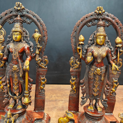 Brassaura® 16 Inch Brass Lakshmi Narayana Statue Set | Handcrafted Lakshmi Vishnu Idols for Home Temple, Pooja Room & Spiritual Décor | Antique Finish | 12 Kg
