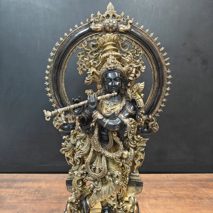 Brassaura® 32 Inch Brass Lord Krishna Statue | Handcrafted Krishna Idol for Home Temple, Pooja Room & Spiritual Décor | Antique Finish | 36 Kg