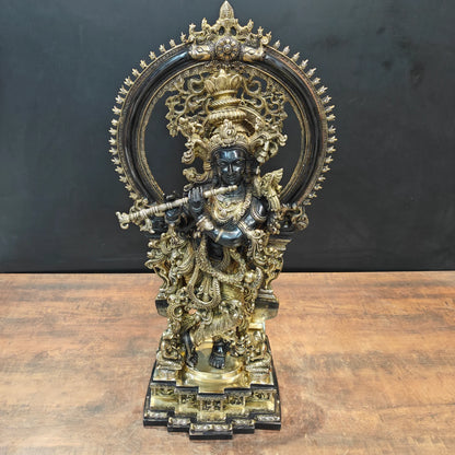 Brassaura® 32 Inch Brass Lord Krishna Statue | Handcrafted Krishna Idol for Home Temple, Pooja Room & Spiritual Décor | Antique Finish | 36 Kg