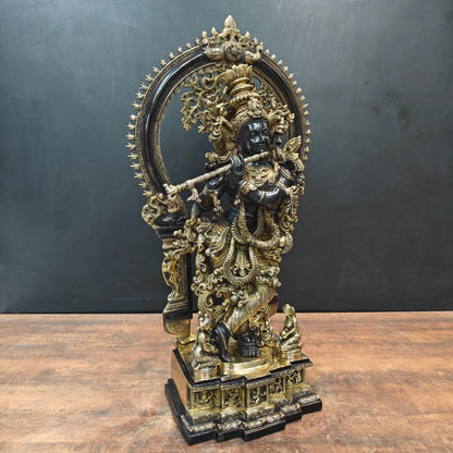 Brassaura® 32 Inch Brass Lord Krishna Statue | Handcrafted Krishna Idol for Home Temple, Pooja Room & Spiritual Décor | Antique Finish | 36 Kg