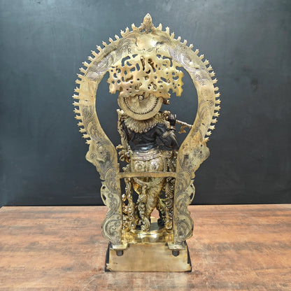 Brassaura® 32 Inch Brass Lord Krishna Statue | Handcrafted Krishna Idol for Home Temple, Pooja Room & Spiritual Décor | Antique Finish | 36 Kg