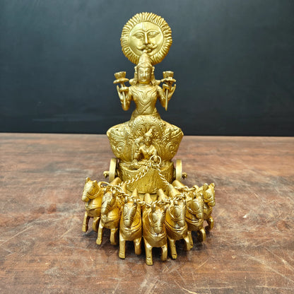 Brassaura® 12 Inch Brass Surya Dev Rath Statue | Handcrafted Sun God Idol with Seven Horses for Home Temple & Spiritual Décor | Antique Finish | 7.5 Kg