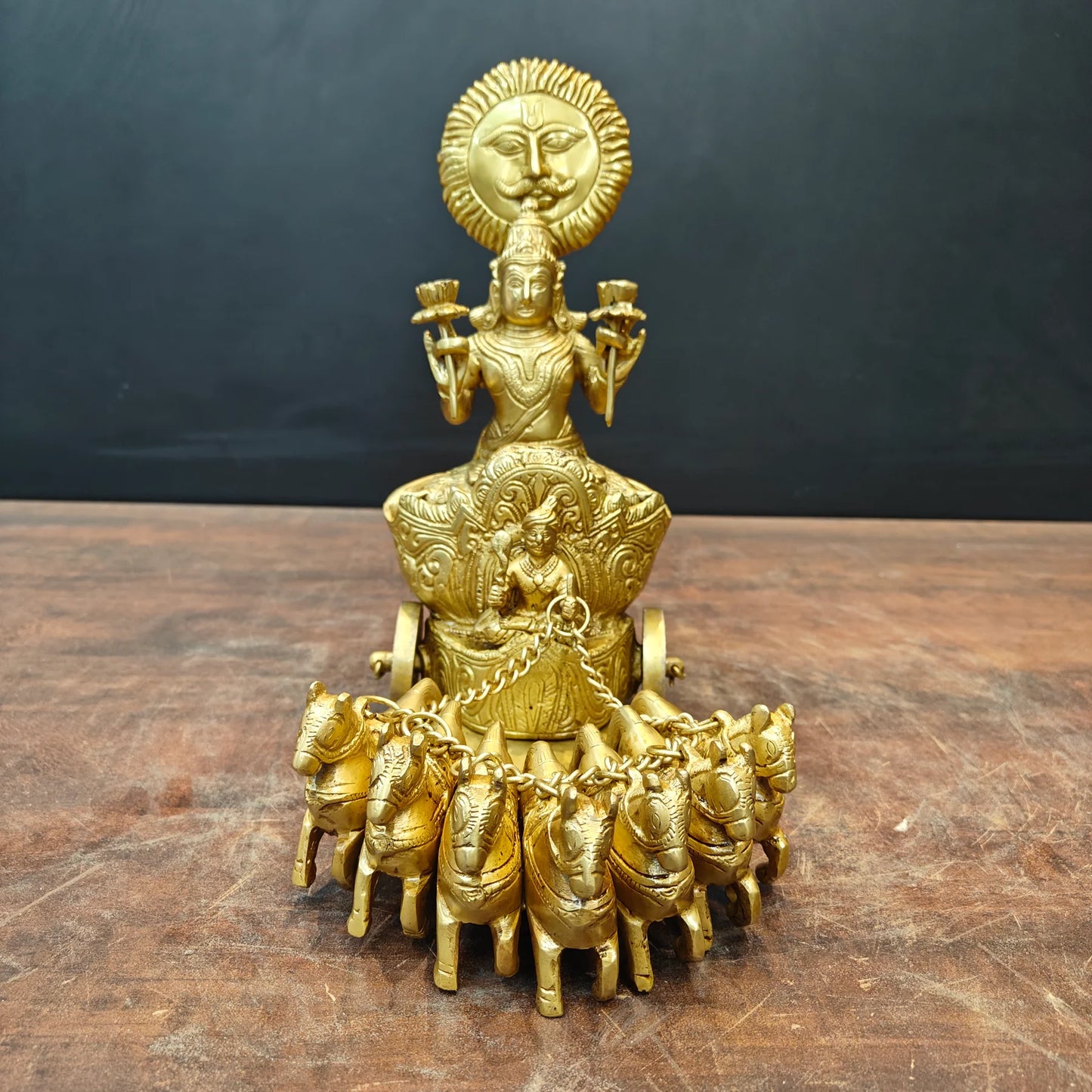 Brassaura® 12 Inch Brass Surya Dev Rath Statue | Handcrafted Sun God Idol with Seven Horses for Home Temple & Spiritual Décor | Antique Finish | 7.5 Kg
