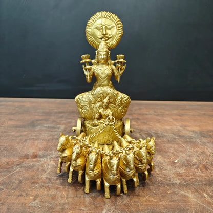 Brassaura® 12 Inch Brass Surya Dev Rath Statue | Handcrafted Sun God Idol with Seven Horses for Home Temple & Spiritual Décor | Antique Finish | 7.5 Kg