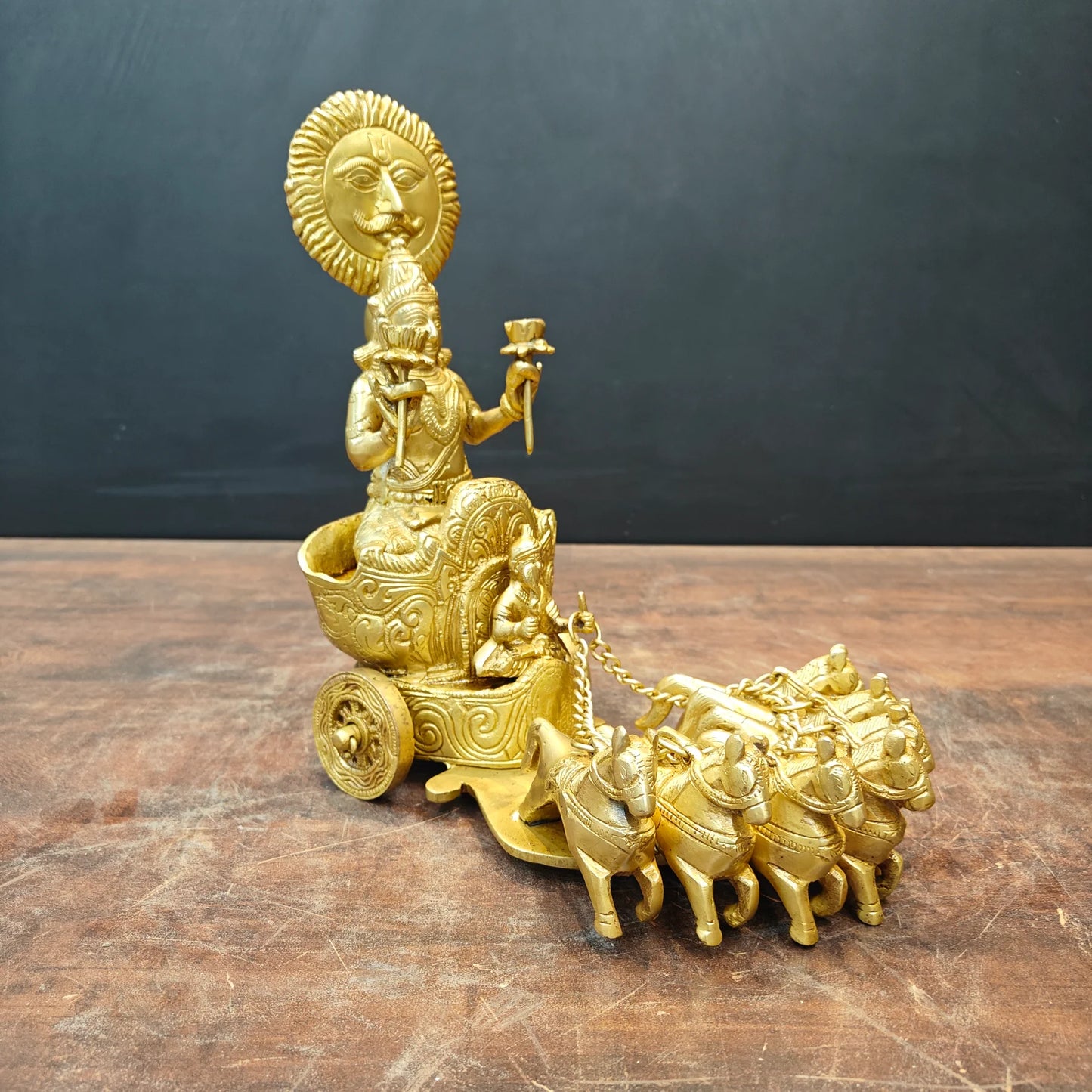 Brassaura® 12 Inch Brass Surya Dev Rath Statue | Handcrafted Sun God Idol with Seven Horses for Home Temple & Spiritual Décor | Antique Finish | 7.5 Kg