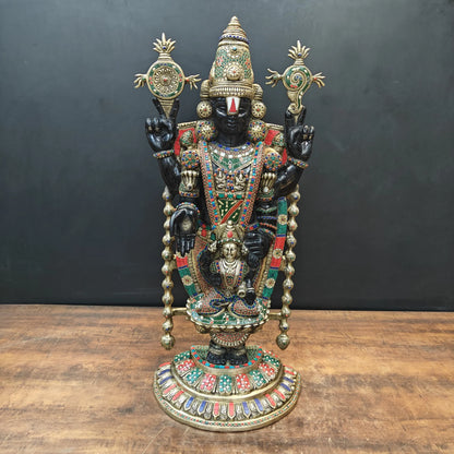 ब्रासोरा® वृंदावन वेणुगोपाल कृष्ण पीतल की प्रतिमा मोर के साथ | एंटीक नीला और सुनहरा रंग | ऊँचाई 20 इंच