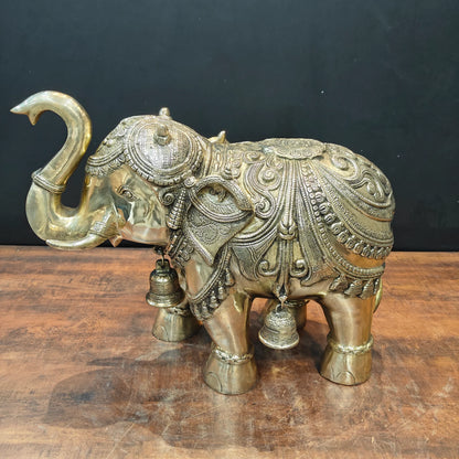 Brassaura® 19 Inch Brass Decorative Elephant Statue | Handmade Antique Brass Elephant Idol with Hanging Bells | Vastu Elephant for Home Décor, Temple, Office & Entrance | 30 Kg