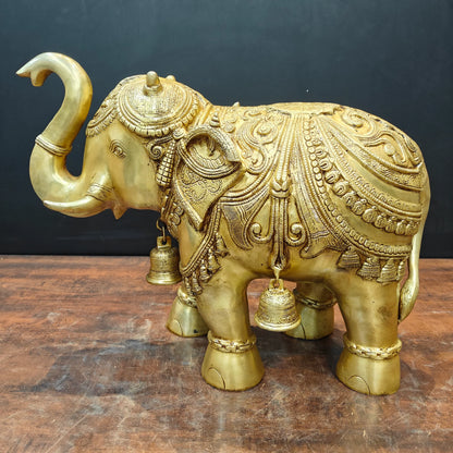 Brassaura® Handmade Brass Decorative Elephant Statue with Hanging Bells | Antique Brass Elephant Idol for Home Décor, Office, Temple & Entrance | Height 19 Inches | 30 Kg