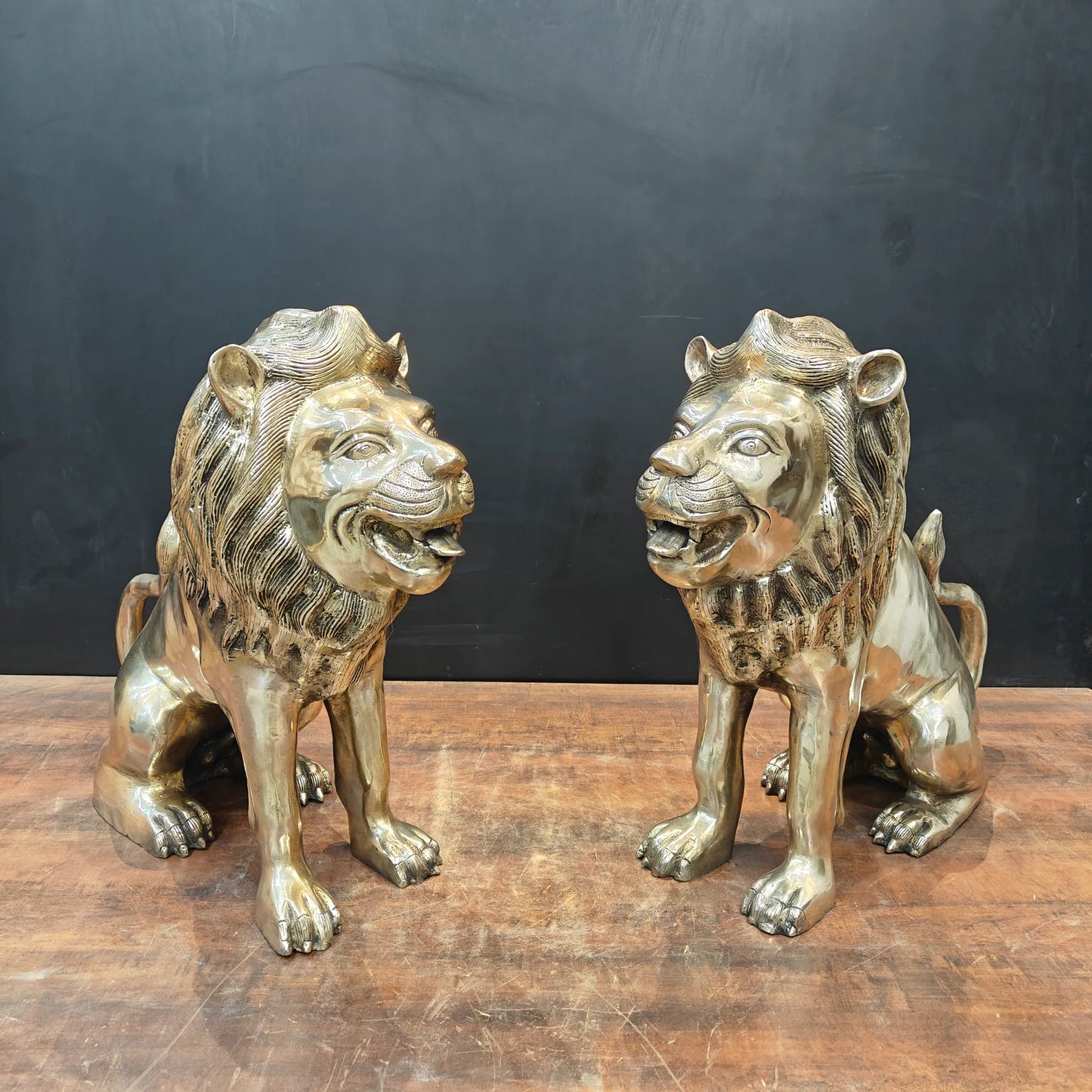 Brassaura® Pair of Brass Lion Statues | Majestic Lion Sculpture Set for Home Entrance, Office, Hotel & Luxury Décor | Handcrafted Brass Art | Antique Gold Finish | 22 Inches | 58 Kg