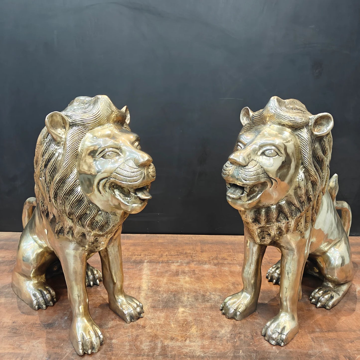 Brassaura® Pair of Brass Lion Statues | Majestic Lion Sculpture Set for Home Entrance, Office, Hotel & Luxury Décor | Handcrafted Brass Art | Antique Gold Finish | 22 Inches | 58 Kg