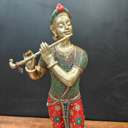 Brassaura® Handcrafted Brass Krishna Playing Flute Statue with Meenakari Art & Peacock | Large Lord Krishna Idol for Home Temple, Living Room & Office Décor | 29.5 Inches | 16 Kg