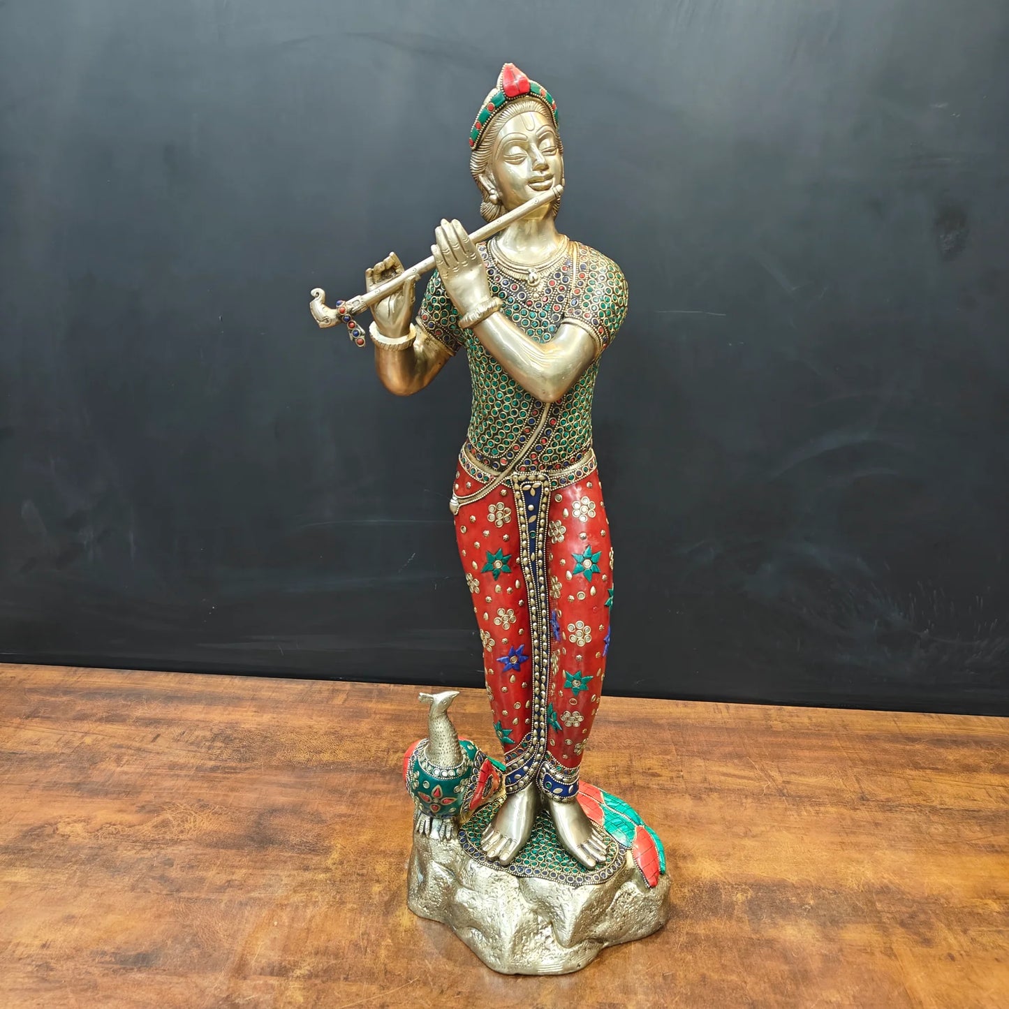 Brassaura® Handcrafted Brass Krishna Playing Flute Statue with Meenakari Art & Peacock | Large Lord Krishna Idol for Home Temple, Living Room & Office Décor | 29.5 Inches | 16 Kg