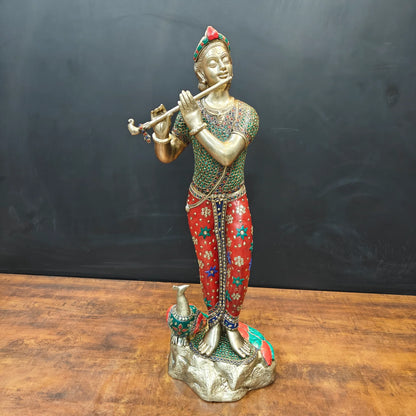 Brassaura® Handcrafted Brass Krishna Playing Flute Statue with Meenakari Art & Peacock | Large Lord Krishna Idol for Home Temple, Living Room & Office Décor | 29.5 Inches | 16 Kg