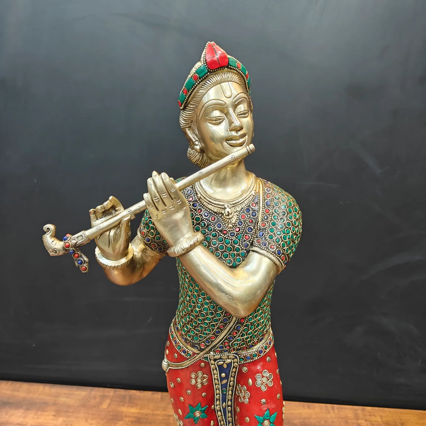Brassaura® Handcrafted Brass Krishna Playing Flute Statue with Meenakari Art & Peacock | Large Lord Krishna Idol for Home Temple, Living Room & Office Décor | 29.5 Inches | 16 Kg