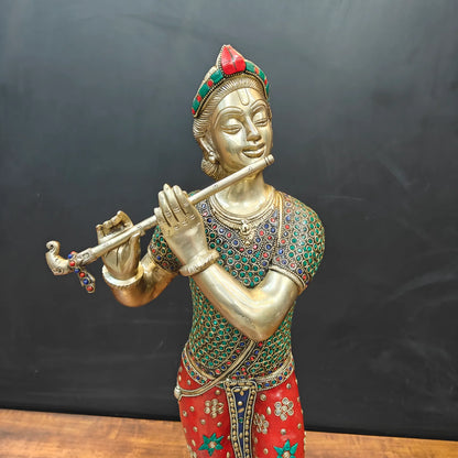 Brassaura® Handcrafted Brass Krishna Playing Flute Statue with Meenakari Art & Peacock | Large Lord Krishna Idol for Home Temple, Living Room & Office Décor | 29.5 Inches | 16 Kg