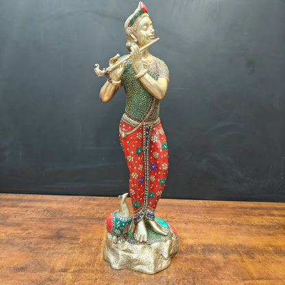Brassaura® Handcrafted Brass Krishna Playing Flute Statue with Meenakari Art & Peacock | Large Lord Krishna Idol for Home Temple, Living Room & Office Décor | 29.5 Inches | 16 Kg