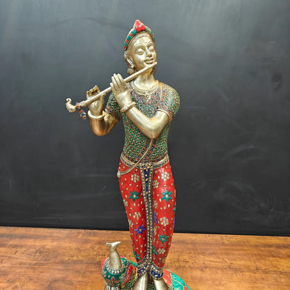 Brassaura® Handcrafted Brass Krishna Playing Flute Statue with Meenakari Art & Peacock | Large Lord Krishna Idol for Home Temple, Living Room & Office Décor | 29.5 Inches | 16 Kg