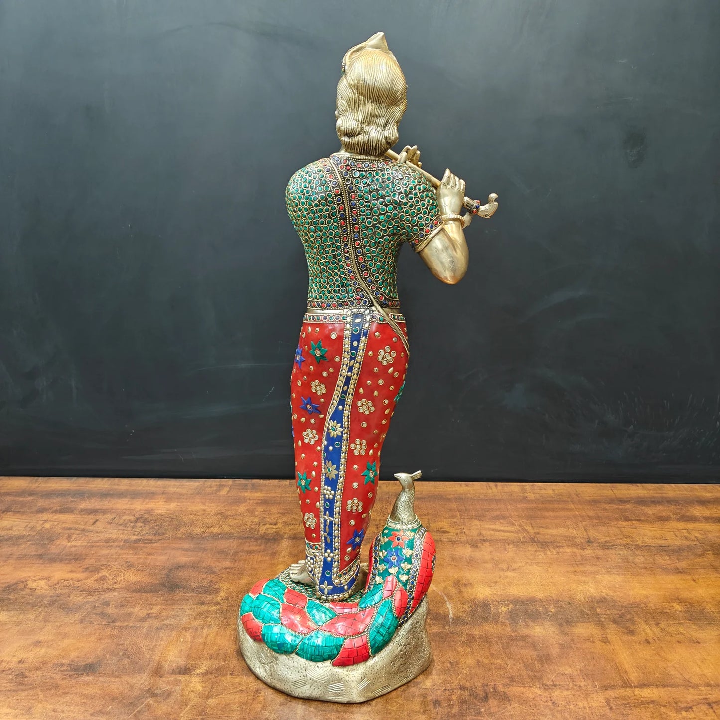 Brassaura® Handcrafted Brass Krishna Playing Flute Statue with Meenakari Art & Peacock | Large Lord Krishna Idol for Home Temple, Living Room & Office Décor | 29.5 Inches | 16 Kg