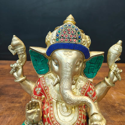 Brassaura® Handcrafted Brass Lord Ganesha Idol with Stone Inlay Work | Premium Ganpati Statue for Home Temple, Living Room & Office Décor | 9 Inches | 5.7 Kg