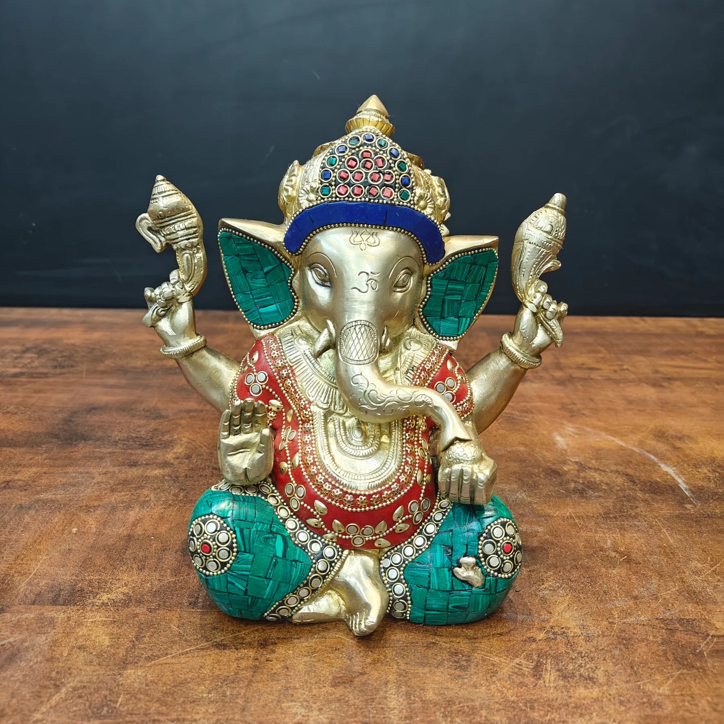 Brassaura® Handcrafted Brass Lord Ganesha Idol with Stone Inlay Work | Premium Ganpati Statue for Home Temple, Living Room & Office Décor | 9 Inches | 5.7 Kg