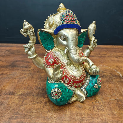 Brassaura® Handcrafted Brass Lord Ganesha Idol with Stone Inlay Work | Premium Ganpati Statue for Home Temple, Living Room & Office Décor | 9 Inches | 5.7 Kg