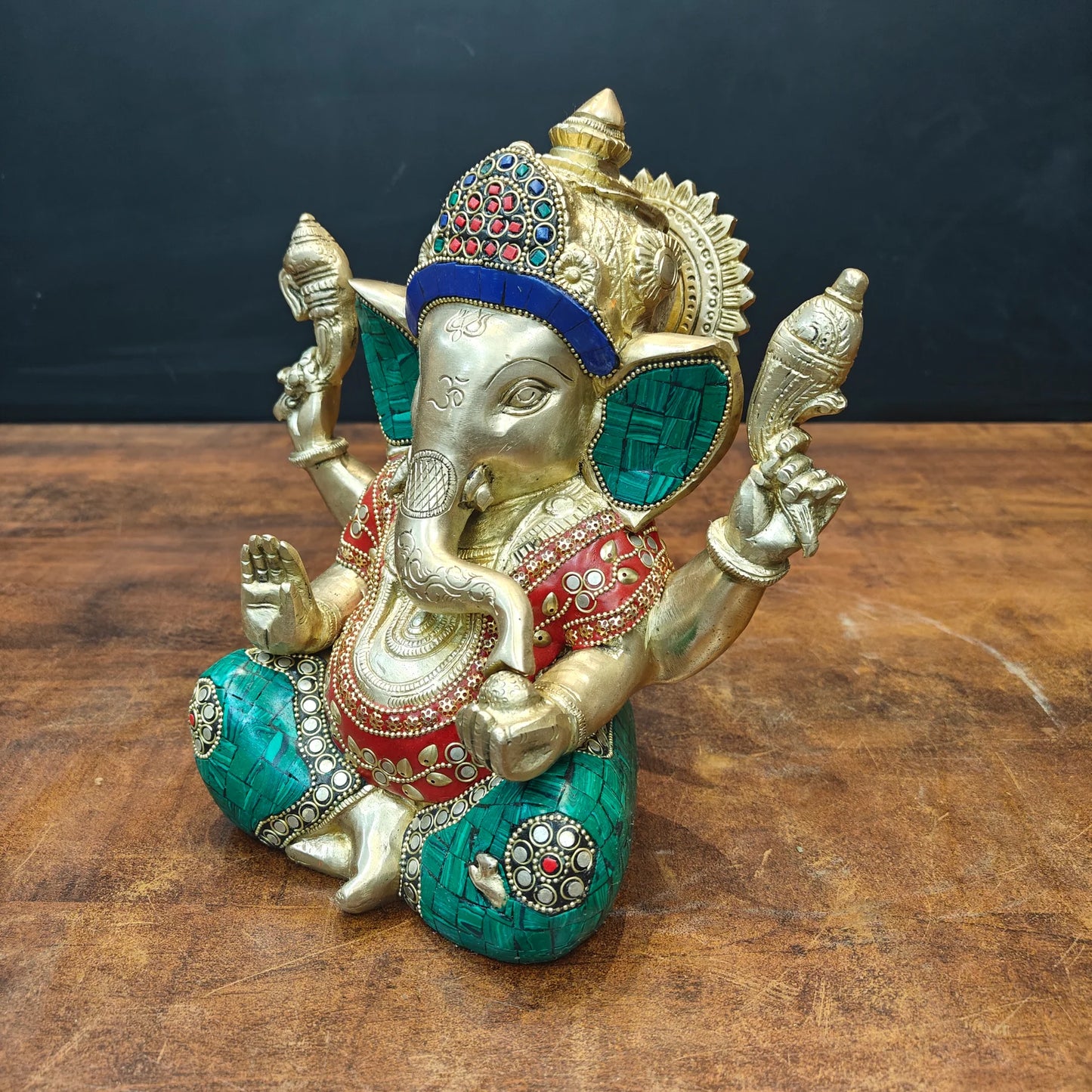 Brassaura® Handcrafted Brass Lord Ganesha Idol with Stone Inlay Work | Premium Ganpati Statue for Home Temple, Living Room & Office Décor | 9 Inches | 5.7 Kg