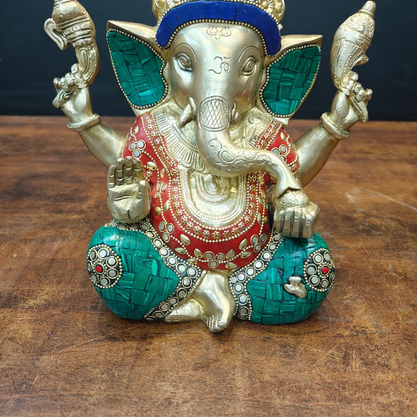 Brassaura® Handcrafted Brass Lord Ganesha Idol with Stone Inlay Work | Premium Ganpati Statue for Home Temple, Living Room & Office Décor | 9 Inches | 5.7 Kg