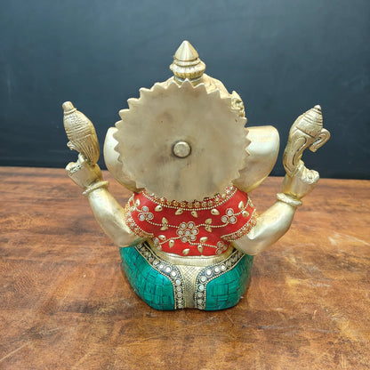 Brassaura® Handcrafted Brass Lord Ganesha Idol with Stone Inlay Work | Premium Ganpati Statue for Home Temple, Living Room & Office Décor | 9 Inches | 5.7 Kg