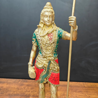 Brassaura® Handmade Brass Standing Lord Shiva Idol | Shiv Murti with Trishul for Home Temple, Office & Pooja Room | Height 24 Inches | 12 Kg