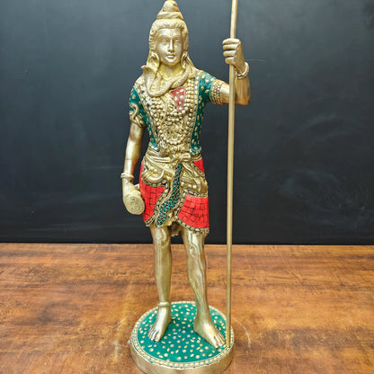 Brassaura® Handmade Brass Standing Lord Shiva Idol | Shiv Murti with Trishul for Home Temple, Office & Pooja Room | Height 24 Inches | 12 Kg