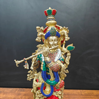 ब्रासोरा® वृंदावन वेणुगोपाल कृष्ण पीतल की प्रतिमा मोर के साथ | एंटीक नीला और सुनहरा रंग | ऊँचाई 20 इंच