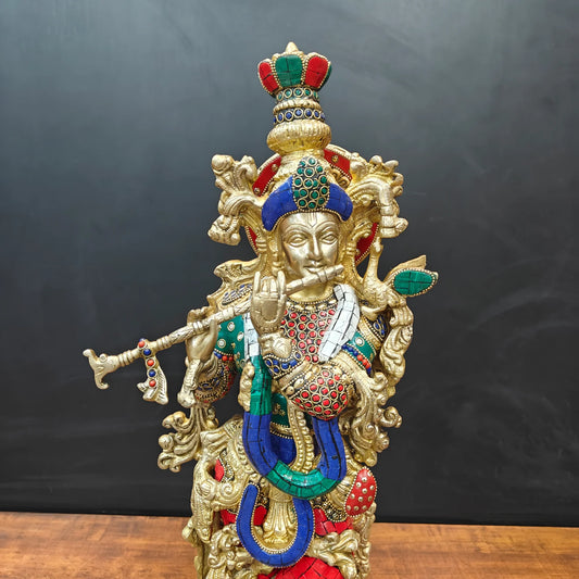 Brassaura® Handcrafted Brass Krishna Playing Flute Statue with Meenakari Art | Large Lord Krishna Idol for Home Temple, Living Room & Office Décor | 24 Inches | 12 Kg