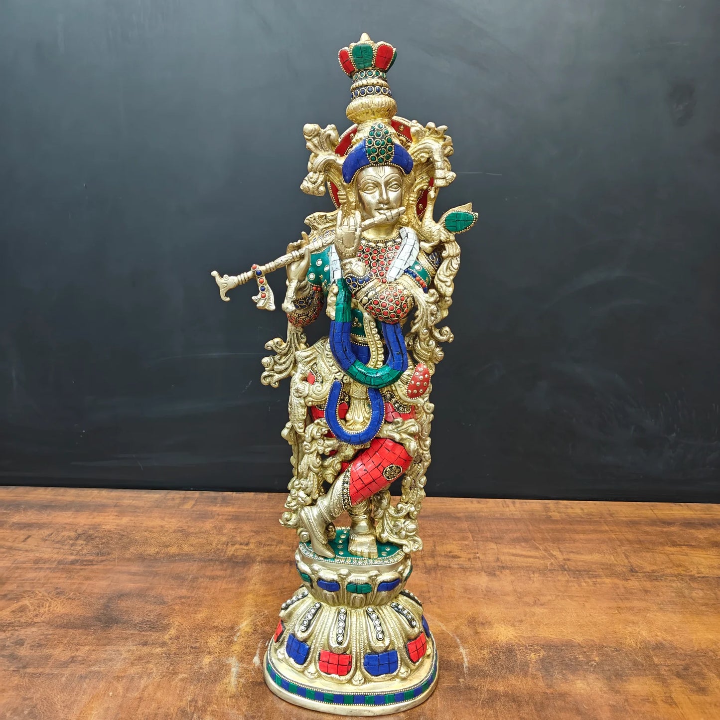 ब्रासोरा® वृंदावन वेणुगोपाल कृष्ण पीतल की प्रतिमा मोर के साथ | एंटीक नीला और सुनहरा रंग | ऊँचाई 20 इंच