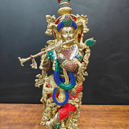 ब्रासोरा® वृंदावन वेणुगोपाल कृष्ण पीतल की प्रतिमा मोर के साथ | एंटीक नीला और सुनहरा रंग | ऊँचाई 20 इंच