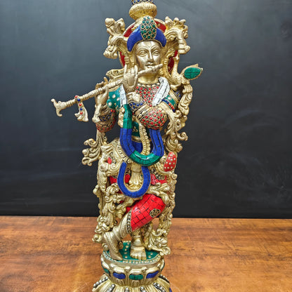 ब्रासोरा® वृंदावन वेणुगोपाल कृष्ण पीतल की प्रतिमा मोर के साथ | एंटीक नीला और सुनहरा रंग | ऊँचाई 20 इंच