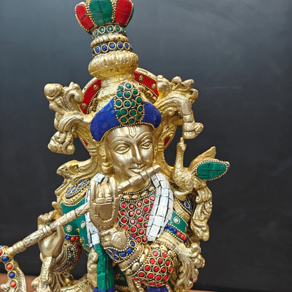 ब्रासोरा® वृंदावन वेणुगोपाल कृष्ण पीतल की प्रतिमा मोर के साथ | एंटीक नीला और सुनहरा रंग | ऊँचाई 20 इंच