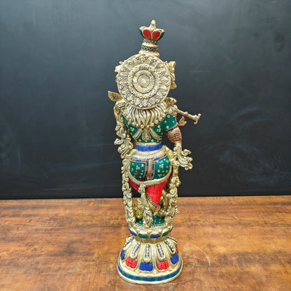 ब्रासोरा® वृंदावन वेणुगोपाल कृष्ण पीतल की प्रतिमा मोर के साथ | एंटीक नीला और सुनहरा रंग | ऊँचाई 20 इंच