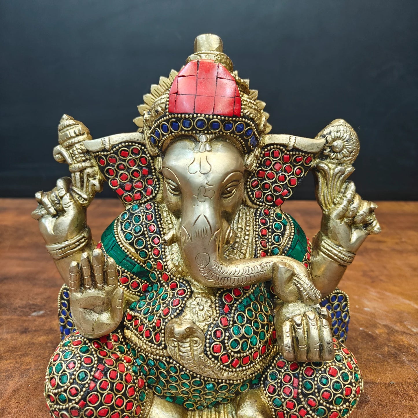 Brassaura® Handmade Brass Lord Ganesha Idol with Stone Work | Decorative Ganesh Murti for Home Temple, Office & Pooja Room | Height 8 Inches | 6 Kg