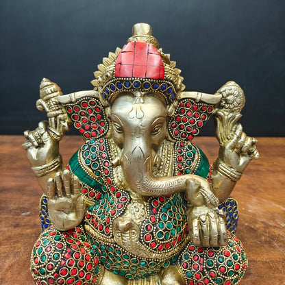 Brassaura® Handmade Brass Lord Ganesha Idol with Stone Work | Decorative Ganesh Murti for Home Temple, Office & Pooja Room | Height 8 Inches | 6 Kg